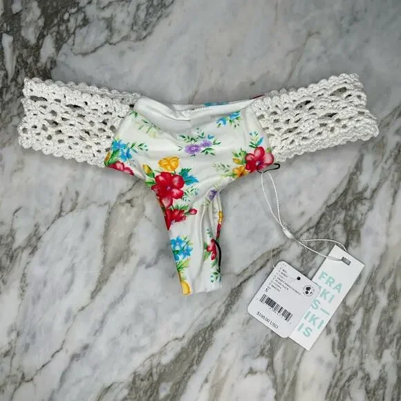 FRANKIES BIKINIS Womens Crochet Floral Brazilian Cheeky Bikini Bottoms Size XS